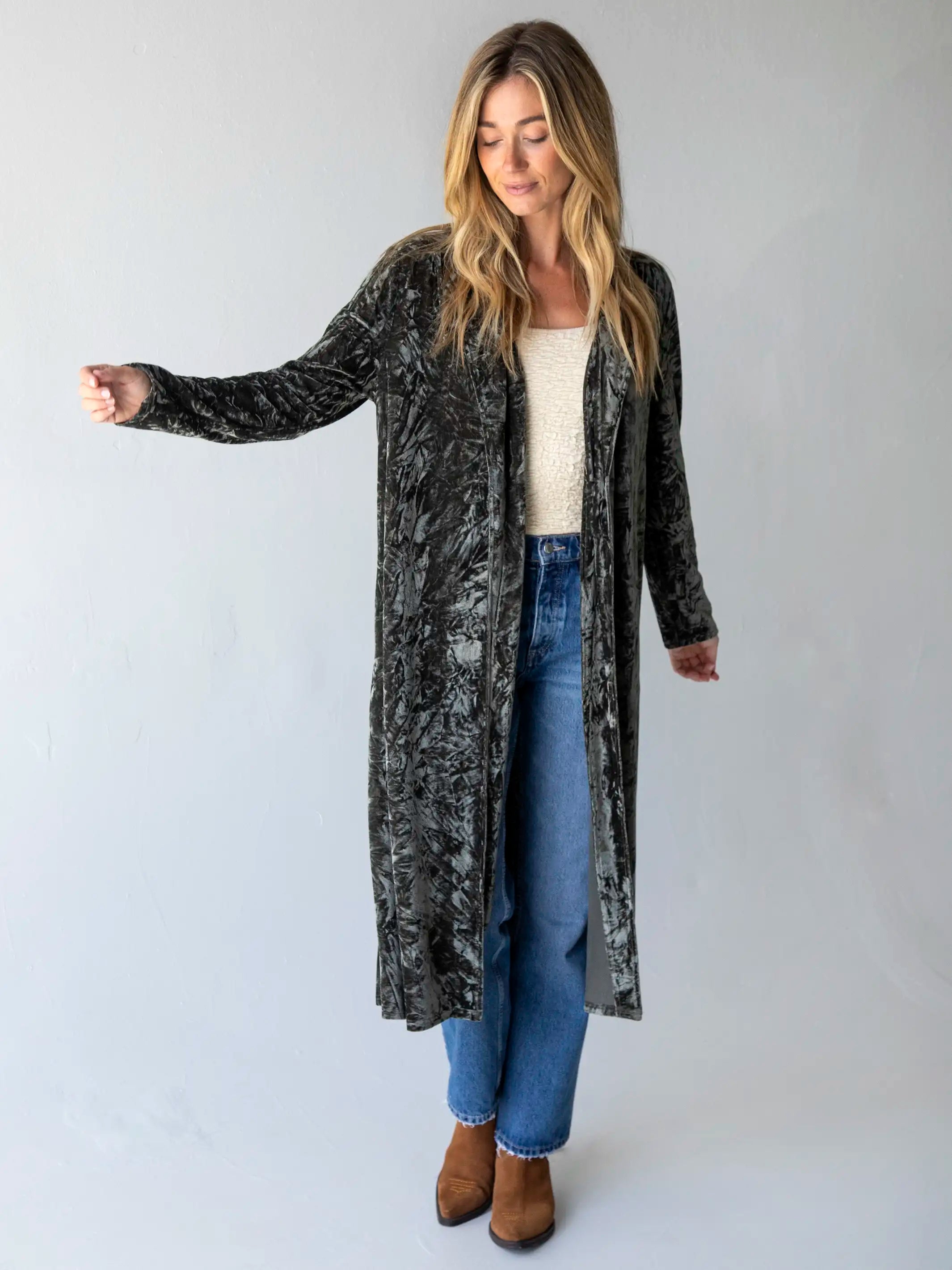 Lennon Long Velvet Duster - Olive