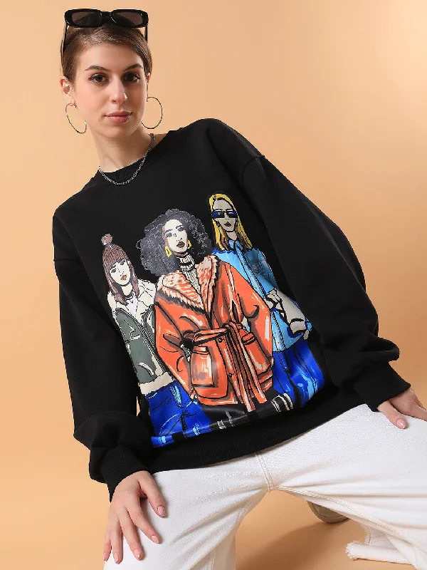 Women Graphic Black Oversized Pullover