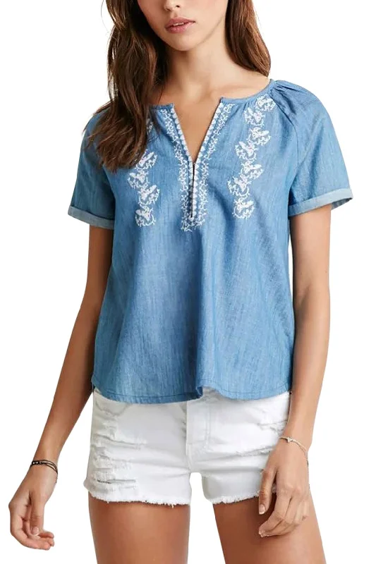 Custom Embroidery V Neck Pleated Blue T-shirt