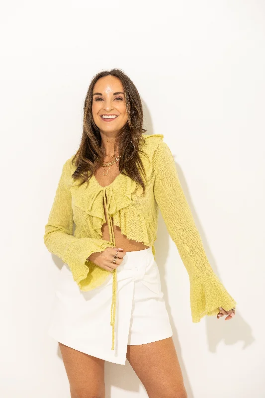 Second Thoughts Linen Ruffle Top: Lime