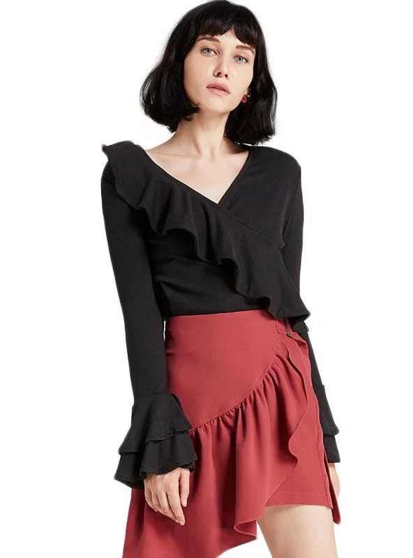 PINK/BLACK ASYMMETRIC RUFFLE WOMEN SHIRTS