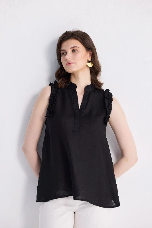 Sleeveless Hemp Top with Ruffles in Black