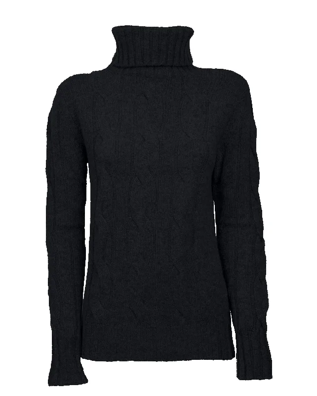 NEW FALL 24 - Women's Pure Cashmere Cable Knit Turtleneck Sweater Black by Monticelli Cashmere