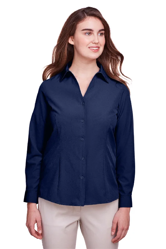 UltraClub Womens Bradley Performance Moisture Wicking Long Sleeve Button Down Shirt - Navy Blue - Closeout